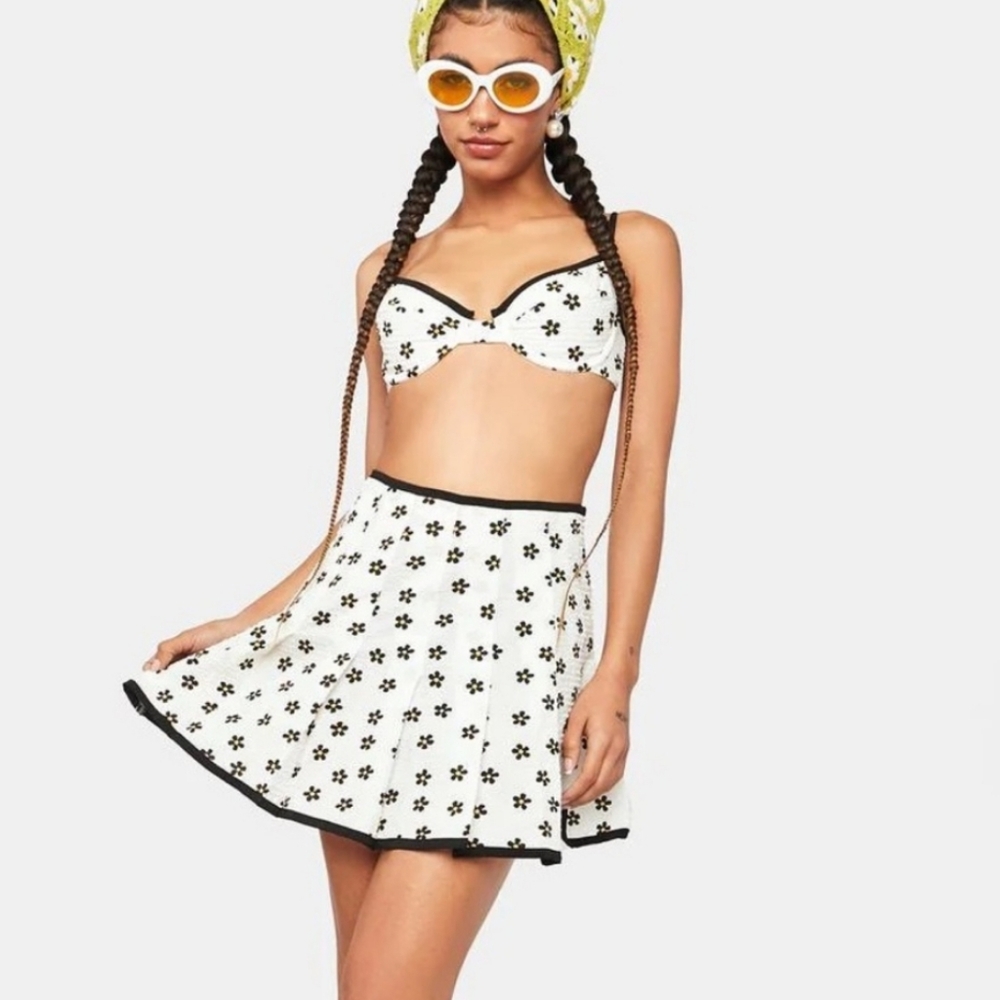 For Love & Lemons Brenda Coco Daisy Print Pleated Skirt Set S Xs